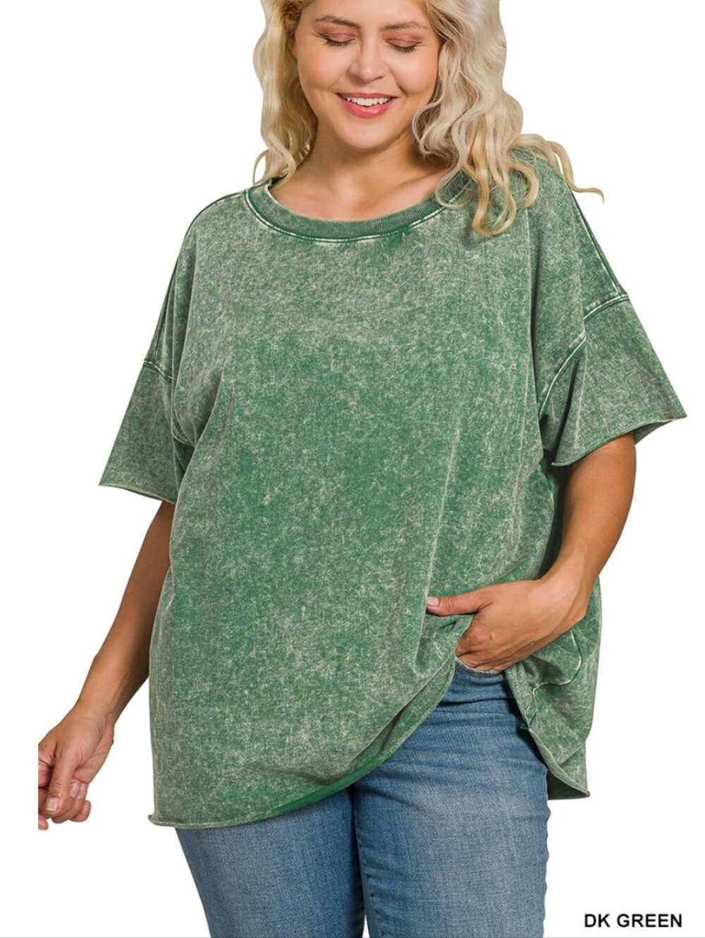 New Zenana Dark Green Acid Wash French Terry Top Plus Size